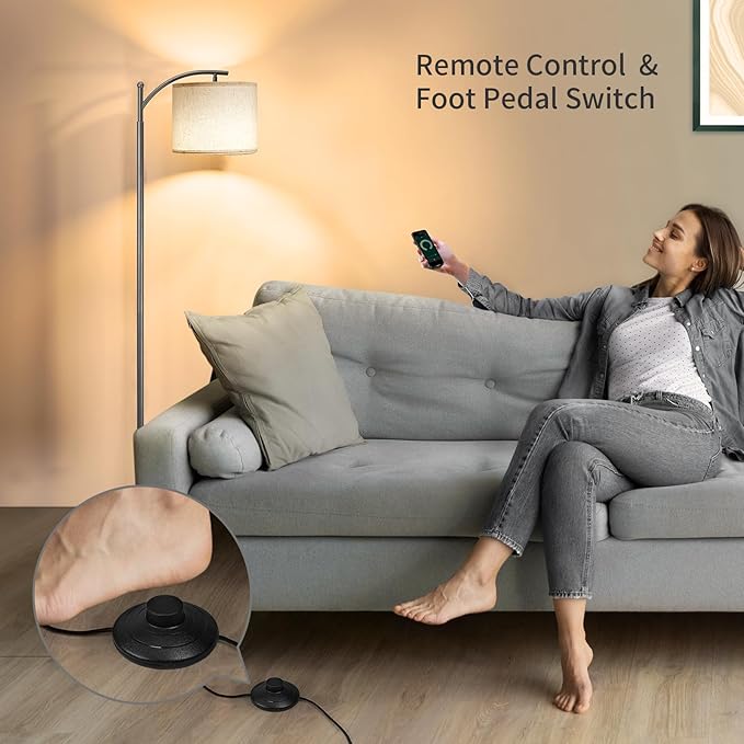 SUNMORY Dimmable Floor Lamp with Remote Control，Lamp for Living Room Stepless Color Temperature and Brightness, Standing Lamp for Bedroom and Office with 1H Timer，Gray Floor Lamp with Linen Shade - LeafyLoom
