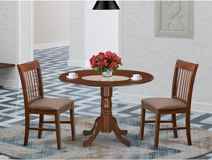 East West Furniture Dublin 3 Piece Kitchen Set Contains a Round Room Table with Dropleaf and 2 Linen Fabric Upholstered Dining Chairs, 42x42 Inch, DLNO3-MAH-C - LeafyLoom