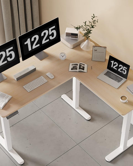 Claiks L Shaped Standing Desk Adjustable Height, Dual Motor Electric Corner Standing Desk, 63x55 inch Sit Stand up Desk with Splice Board, White LeafyLoom