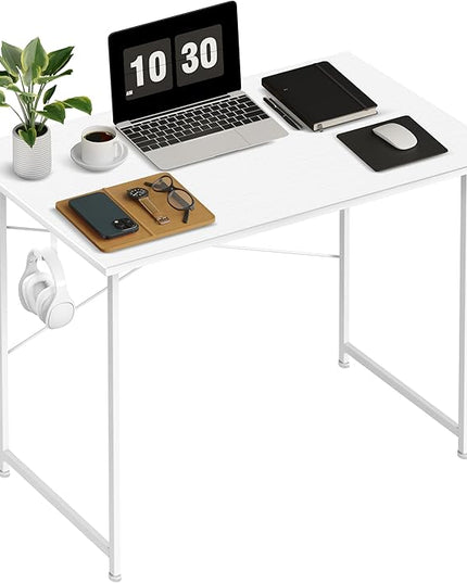 HealSmart Home Office Computer Desk, Modern Style Design with Headphone Hooks for Working, Writing and Gaming, 32 Inch, White - LeafyLoom