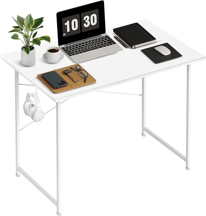 HealSmart Home Office Computer Desk, Modern Style Design with Headphone Hooks for Working, Writing and Gaming, 32 Inch, White - LeafyLoom