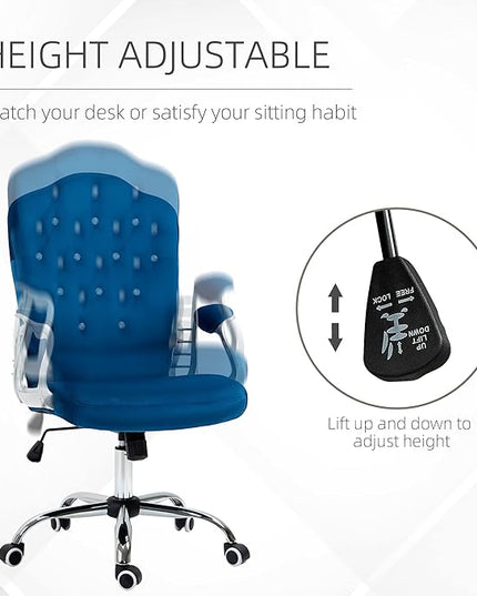 Vinsetto Home Office Chair, Velvet Computer Chair, Button Tufted Desk Chair with Swivel Wheels, Adjustable Height, and Tilt Function, Blue - LeafyLoom