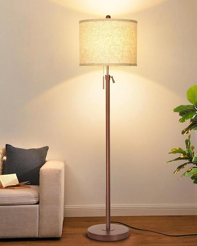 Metal Brown Floor Lamp for Living Room, Adjustable Height Standing Lamp, Pole Light for Bedroom, with Linen Shade and Metal Base, Pull Chain Switch, 3-Way 8W LED Bulb Included - LeafyLoom