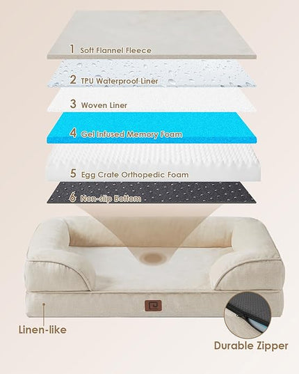EHEYCIGA Orthopedic Dog Beds for Large Dogs, Waterproof Memory Foam Large Dog Bed with Sides, Non-Slip Bottom and Egg-Crate Foam Large Dog Couch Bed with Washable Removable Cover, Beige EHEYCIGA
