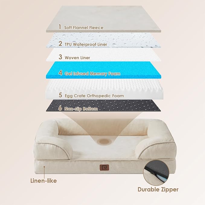 EHEYCIGA Orthopedic Dog Beds for Large Dogs, Waterproof Memory Foam Large Dog Bed with Sides, Non-Slip Bottom and Egg-Crate Foam Large Dog Couch Bed with Washable Removable Cover, Beige EHEYCIGA