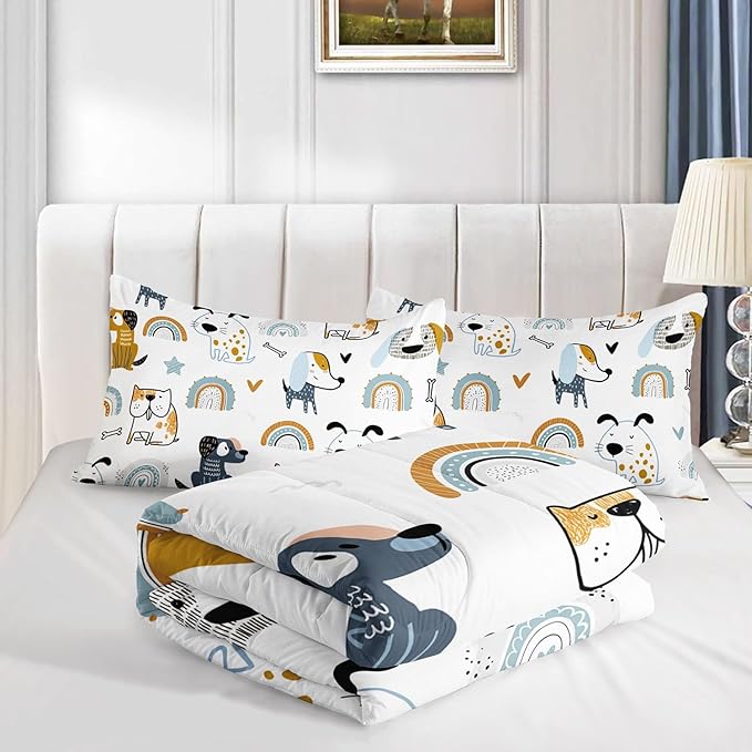 Datura home Kawaii Dogs Comforter Set Cute Dogs and Rainbow Printed Quilt Bedding Set with 1 Comforter and 2 Pillowcases for Boys and Girls Bedroom All Season(Dogs Queen) - LeafyLoom