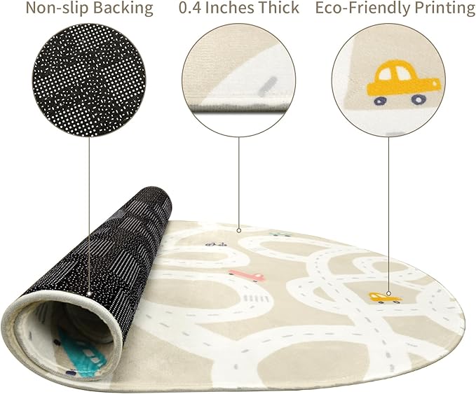 Small Kids Rug for Kids Room, 3'x5' Washable Road Rug for Baby Nursery, Non-Slip Car Rug for Playroom, Tan Traffic Play Mat Soft Fun Rugs for Boys Girls Dorm Toy Room Tent - LeafyLoom