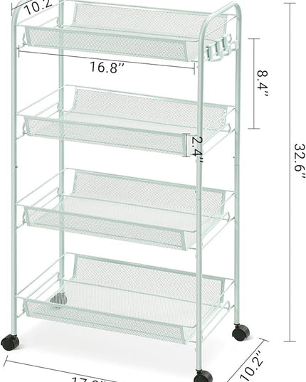 TOOLF 4-Tier Rolling Cart, Metal Utility Cart with 3 Hooks, Easy Assemble Mobile Storage Trolley On Wheels, Metal Shelving Units Kitchen Bathroom Laundry Room - LeafyLoom