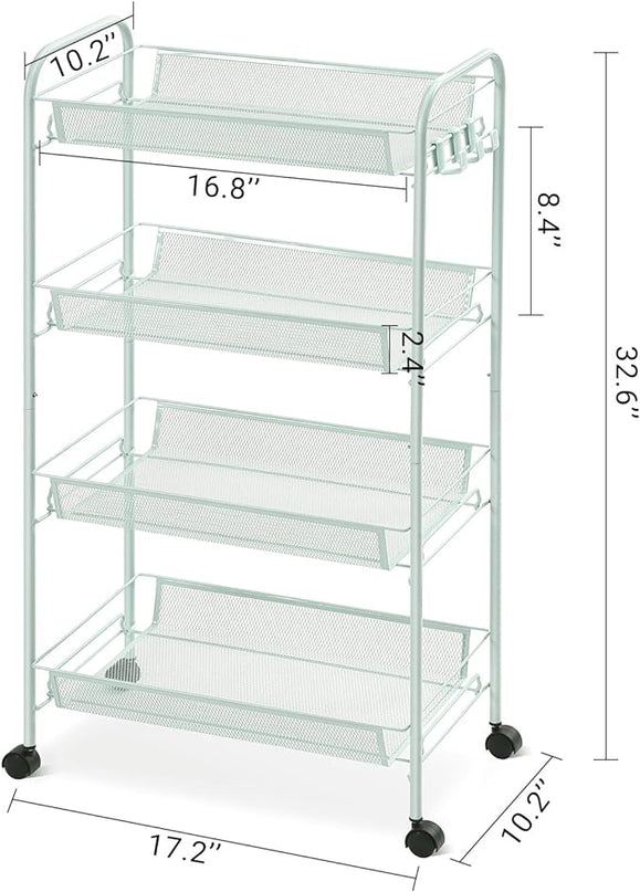 TOOLF 4-Tier Rolling Cart, Metal Utility Cart with 3 Hooks, Easy Assemble Mobile Storage Trolley On Wheels, Metal Shelving Units Kitchen Bathroom Laundry Room - LeafyLoom