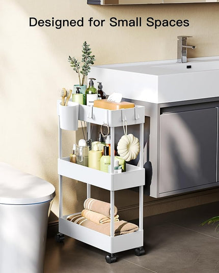 Pipishell Slim Storage Cart with Wheels, Bathroom Cart Organizer Small, Rolling Cart for Bathroom, Laundry Room, Kitchen, Narrow Space, White PIUC04W, 7.08/''D X 15.7/''W X 25.2/''H - LeafyLoom