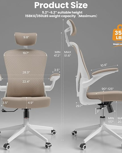 Ergonomic Office Chair - Comfy Desk Chairs with Wheels and Arms, 500LB Heavy Duty Mesh Computer Chairs with Comfortable Head Lumbar Back Support for Office, Bedroom, College Dorm and Study - LeafyLoom