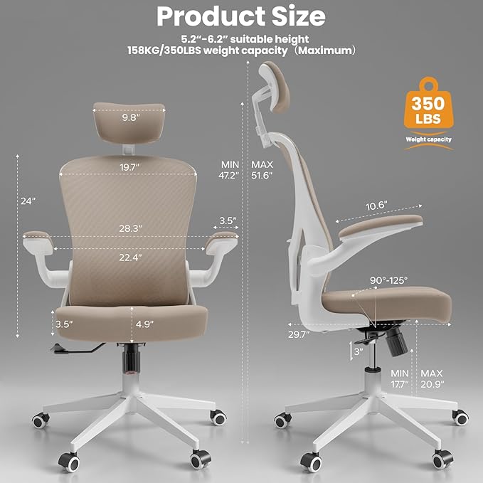Ergonomic Office Chair - Comfy Desk Chairs with Wheels and Arms, 500LB Heavy Duty Mesh Computer Chairs with Comfortable Head Lumbar Back Support for Office, Bedroom, College Dorm and Study - LeafyLoom