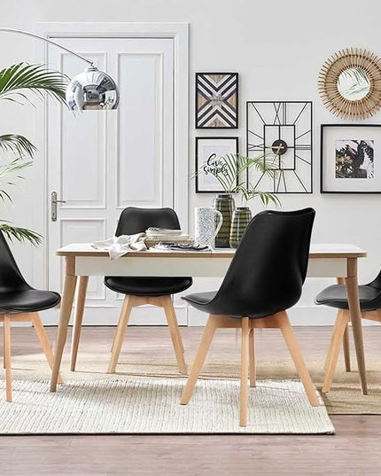OLIXIS Set of 4 Dining Kitchen Mid-Century Modern Chairs with Wood Legs and PU Leather Cushion for Living Room Bedroom Outdoor Lounge, Black - LeafyLoom