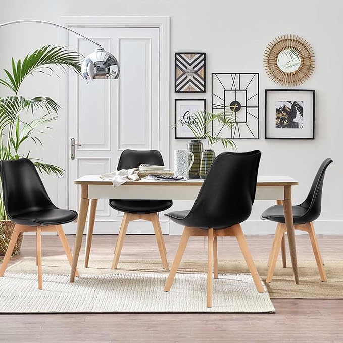 Sweetrcrispy Dining Chairs, Dining Chairs Set of 4, Dining Room Chairs, Kitchen Chairs, Mid Century Modern Chairs, PU Leather Upholstered Chairs with Wood Legs, Kitchen & Dining Room Chairs, Black - LeafyLoom