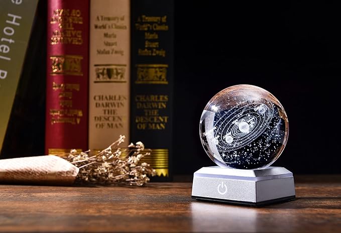 3D Crystal Ball Solar System Model, with Led Lamp Stand, 3.15'' Galaxy Planets Glass Ball Decor, Engraved Crystal Sphere with Gift Box, 6 Color Light, Romantic Gifts for Kids Friends - LeafyLoom