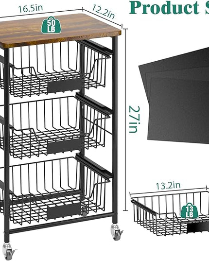 Kitchen Storage Cart with Wheels, 4-Tier Metal Utility Rolling Cart Fruit Vegetable Storage Basket Pantry Rack with Wood Top & Pull Out Baskets for Kitchen, Livingroom, Diningroom, Office - LeafyLoom