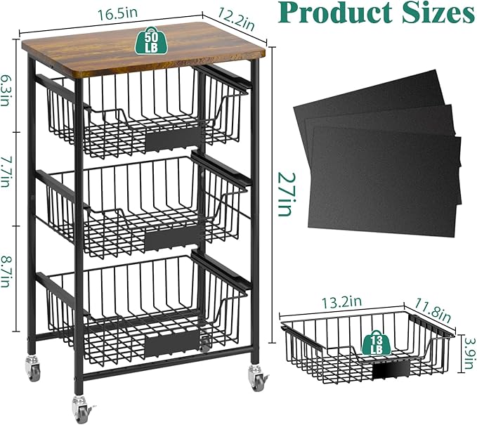 Kitchen Storage Cart with Wheels, 4-Tier Metal Utility Rolling Cart Fruit Vegetable Storage Basket Pantry Rack with Wood Top & Pull Out Baskets for Kitchen, Livingroom, Diningroom, Office - LeafyLoom