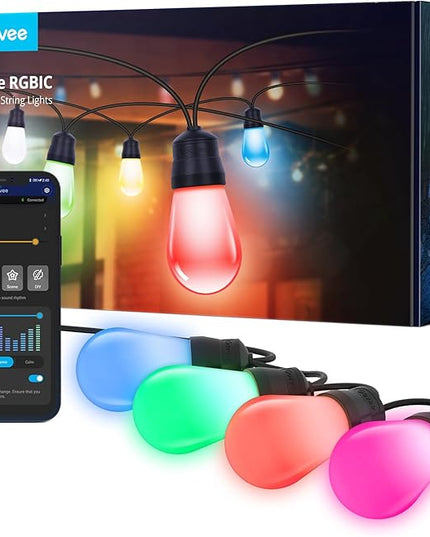 Govee Smart Outdoor String Lights H7016, 96ft RGBIC Outdoor Lights with 30 Dimmable LED Bulbs, IP65 Waterproof, Color Changing Warm White Lights with 47 Scene Modes for Patio, Backyard, App Control Govee