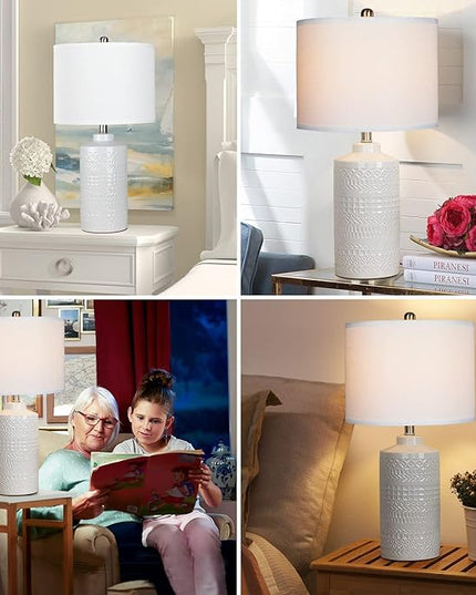 24.5" White Ceramic Table Lamp: 3-Way Dimmable Nightstand Lamp with White Linen Shade | Office Reading Lamp Bedside Lamp White Lamp for Bedrooms & Living Room (Bulb Included) - LeafyLoom