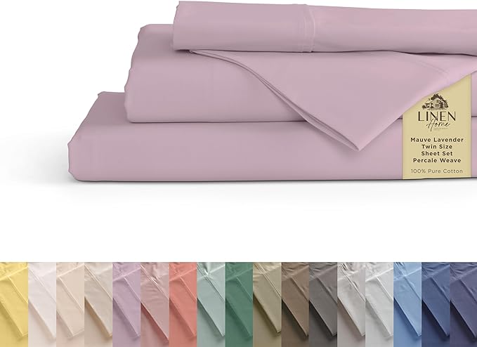 100% Cotton Percale Sheets Twin Size,Mauve Lavender, Deep Pocket, 3 Pieces Sheet Set - 1 Flat, 1 Deep Pocket Fitted Sheet and 1 Pillowcase, Crisp Cool and Strong Bed Linen - LeafyLoom