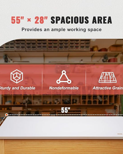 VEVOR One-Piece Particle Board Desktop Universal Tabletop, 55" D x 28" W x 1" H, White - LeafyLoom