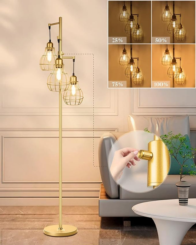 Lightdot 68IN Industrial Floor Lamp Dimmable (Brightness Adjustable), Farmhouse Tree Floor Lamp with E26 LED Edision Bulbs Included, 3-Light Tall Pole Standing Lamp for Living Room Bedroom-Gold - LeafyLoom