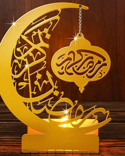 Eid Crafts Night Light 3D Metal Ramadan Eid Mubarak Ornaments Ramadan Decorations Ramadan Table Decor Ramadan Mubarak Light with 2 LED Candles for Home Eid Party Supplies (Classic) - LeafyLoom