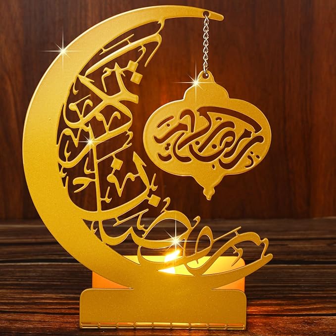 Eid Crafts Night Light 3D Metal Ramadan Eid Mubarak Ornaments Ramadan Decorations Ramadan Table Decor Ramadan Mubarak Light with 2 LED Candles for Home Eid Party Supplies (Classic) - LeafyLoom