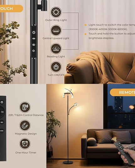 FIMEI 3 in 1 Floor Lamp, Modern Bright Standing Lamp with Split Rotatable Outer Ring Light and Small Reading Light, 4 Color Temperature and Dimmable, 3-Way Independent Control for Living Room Office - LeafyLoom
