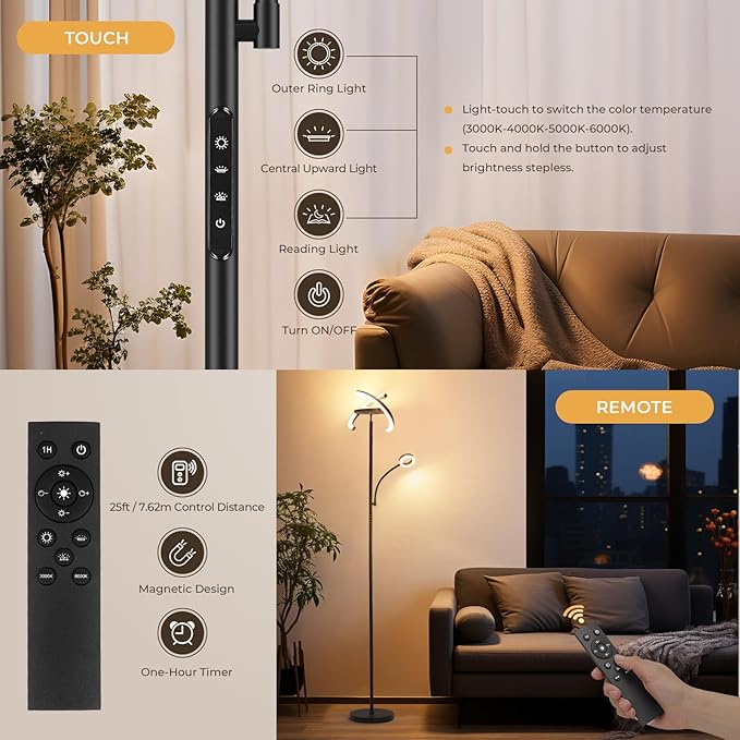 FIMEI 3 in 1 Floor Lamp, Modern Bright Standing Lamp with Split Rotatable Outer Ring Light and Small Reading Light, 4 Color Temperature and Dimmable, 3-Way Independent Control for Living Room Office - LeafyLoom