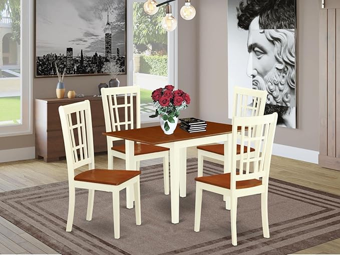 East West Furniture NDNI5-WHI-W Norden 5 Piece Kitchen Set for 4 Includes a Rectangle Dining Room Table with Dropleaf and 4 Solid Wood Seat Chairs, 30x48 Inch - LeafyLoom