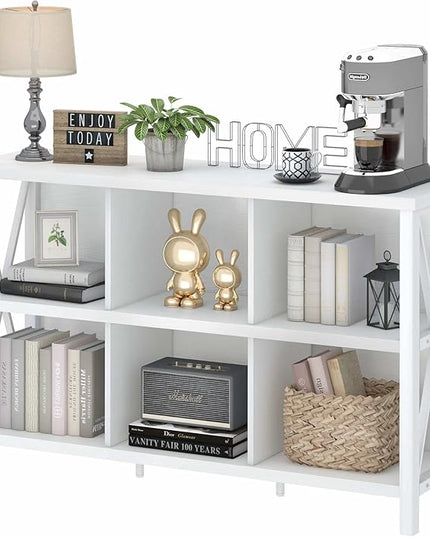 FATORRI 6 Cube Storage Organizer with Shelf, Long Wood and Metal Cubby Bookcase, Industrial Horizontal Bookshelf (White Oak, 47 Inch) - LeafyLoom