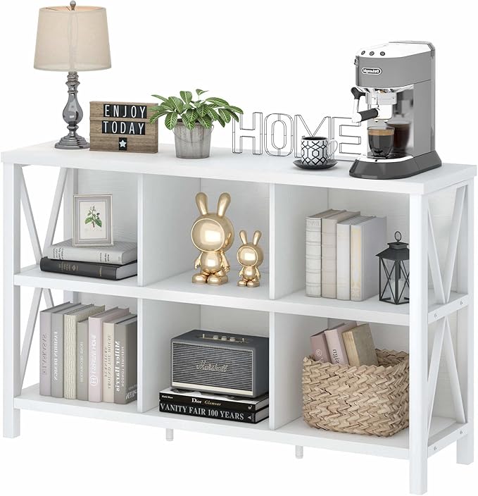 FATORRI 6 Cube Storage Organizer with Shelf, Long Wood and Metal Cubby Bookcase, Industrial Horizontal Bookshelf (White Oak, 47 Inch) - LeafyLoom