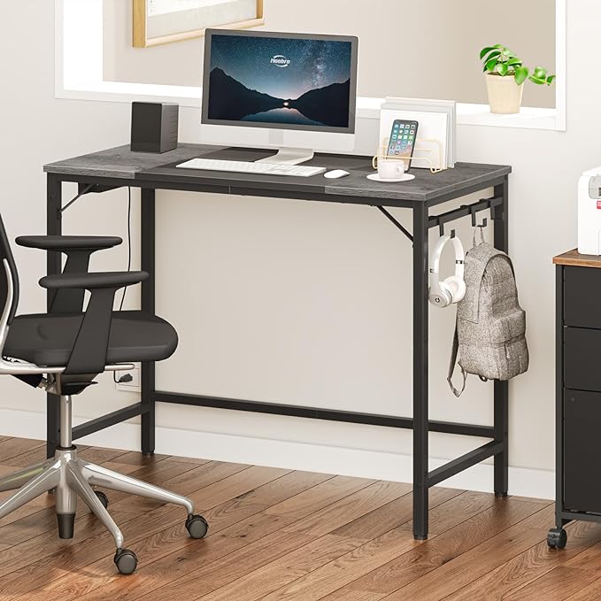 HOOBRO Computer Desk, Home Office Desk with Power Outlet, Modern Study Writing Desk with 3 Hooks for Study Room, Home Office, Sturdy and Stable, Easy to Assemble, Charcoal Gray and Black BC40UDN01 - LeafyLoom