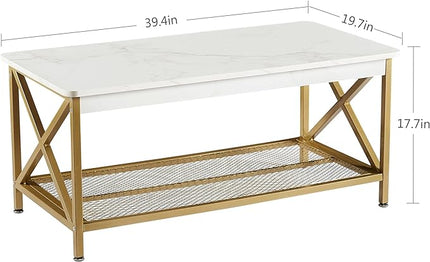 VECELO Coffee Table with Storage Shelf for Living Room,Industrial Style,Easy Assembly, Gold - LeafyLoom