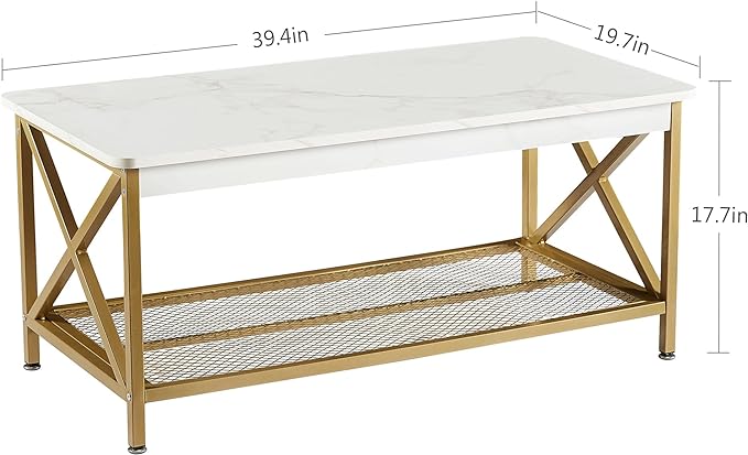 VECELO Coffee Table with Storage Shelf for Living Room,Industrial Style,Easy Assembly, Gold - LeafyLoom