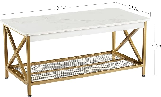 VECELO Coffee Table with Storage Shelf for Living Room,Industrial Style,Easy Assembly, White Gold - LeafyLoom