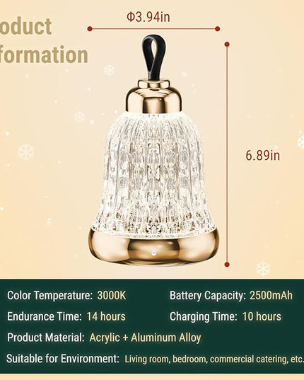 KOSTA Crystal Bell Table Lamp Rechargeable Crystal Lamp Christmas Bell Light for Decor Home Bedroom Kitchen Office Living Room Birthday Gift Lights for Bedroom/Party/Kids Room - LeafyLoom