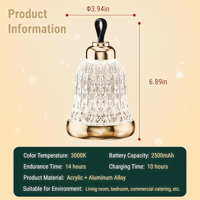 KOSTA Crystal Bell Table Lamp Rechargeable Crystal Lamp Christmas Bell Light for Decor Home Bedroom Kitchen Office Living Room Birthday Gift Lights for Bedroom/Party/Kids Room - LeafyLoom