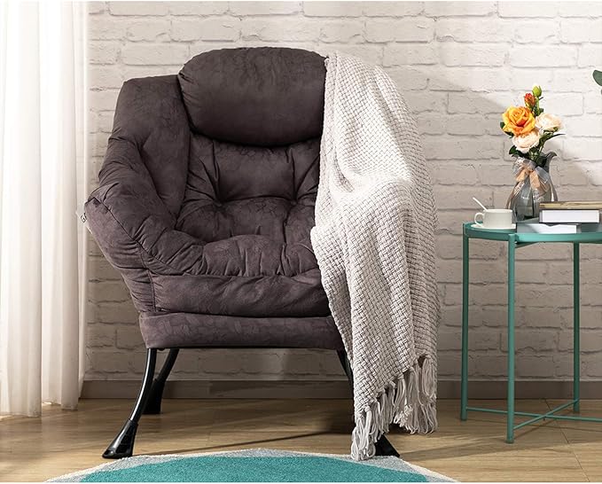AcozyHom Modern Fabric Large Lazy Chair, Accent Oversized Comfy Reading Chair, Thick Padded Cozy Lounge Chair with Armrest, Steel Frame Leisure Sofa Chair for Living Room, Bedroom, Dorm, Coffee - LeafyLoom