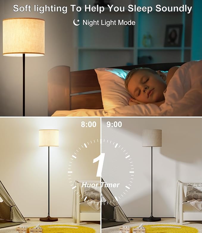 LED Floor Lamp for Living Room,Dimmable Standing Lamps with Lampshade and LED Bulb,Custom Color Temperature Tall Lamp for Bedroom with Foot Switch and Remote,Black Pole Lamp for Kid Room - LeafyLoom