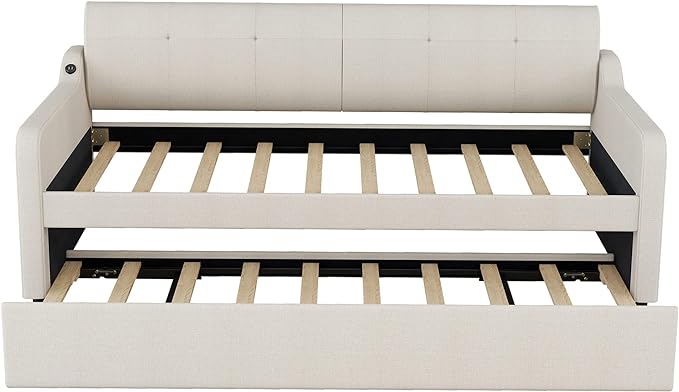 Frame Twin Size Upholstered Daybed USB Ports, Trundle Can Be Flat or Erected, Elegant Sofa Bed for Living Room Bedroom Guestroom, Easy to Assemble, Charging Design, Beige - LeafyLoom