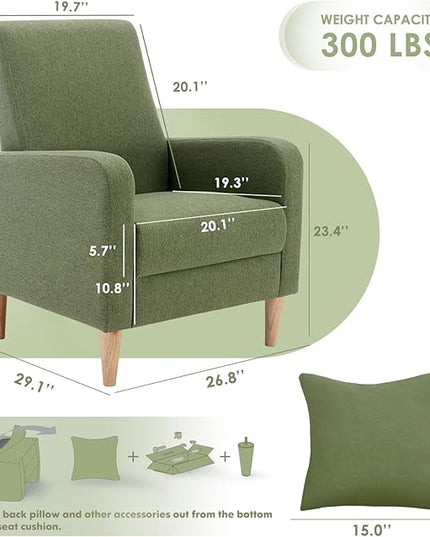 COLAMY Modern Accent Living Room Chairs Set of 2, Upholstered Fabric Armchair Reading Side Chair, Single Sofa with Back Pillow and Wood Legs, Green - LeafyLoom