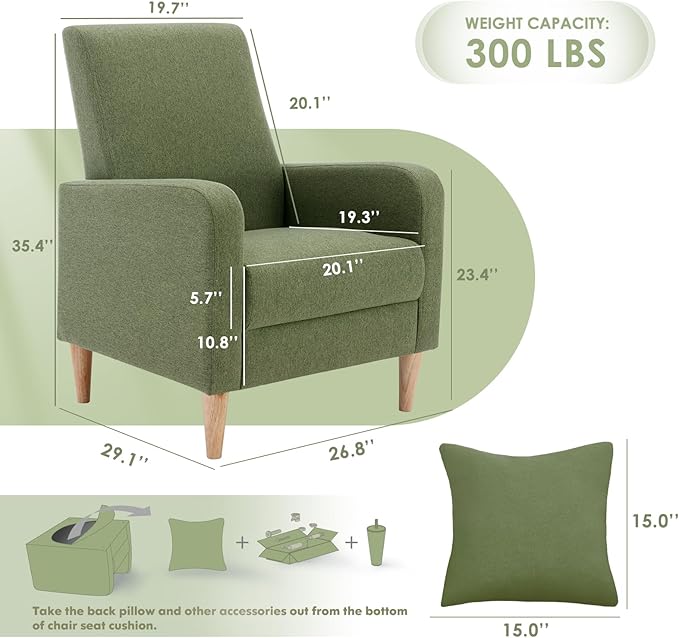 COLAMY Modern Accent Living Room Chairs Set of 2, Upholstered Fabric Armchair Reading Side Chair, Single Sofa with Back Pillow and Wood Legs, Green - LeafyLoom