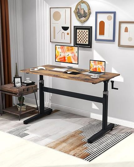 Manual Standing Desk Adjustable Height- Crank Mobile Standing Desk 48 x 24 Inches Sit Stand Desk Frame & Top, Stand Up Desk on Wheels, Computer Desk Black Frame & Rustic Brown - LeafyLoom