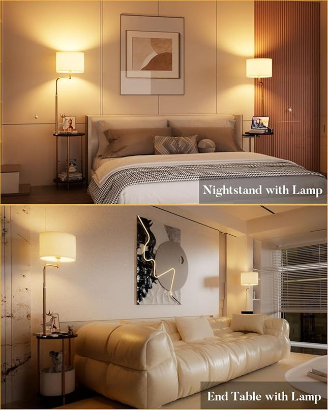 Lightdot 57IN Floor Lamp with Shelves, Mid Century Modern Standing Lamps with Bulb and Storage Bag Included, Gold Pole End Table with Lamp Attached for Living Room Bedroom - LeafyLoom