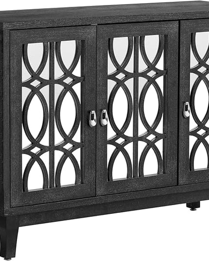 Multifunctional Sideboard with Glass, Vintage 3 Door Mirrored Buffet Cabinet,W/Silver Handle,Easy to Assemble,Console Table for Living Room Hallway Entryway,Black, 47.2" - LeafyLoom