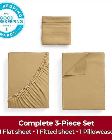 Mellanni Twin Sheets Set - 3 PC Iconic Collection Bedding Sheets & Pillowcases - Hotel Luxury, Extra Soft, Cooling Bed Sheets - Deep Pocket up to 16 inch (Twin, Gold) - LeafyLoom