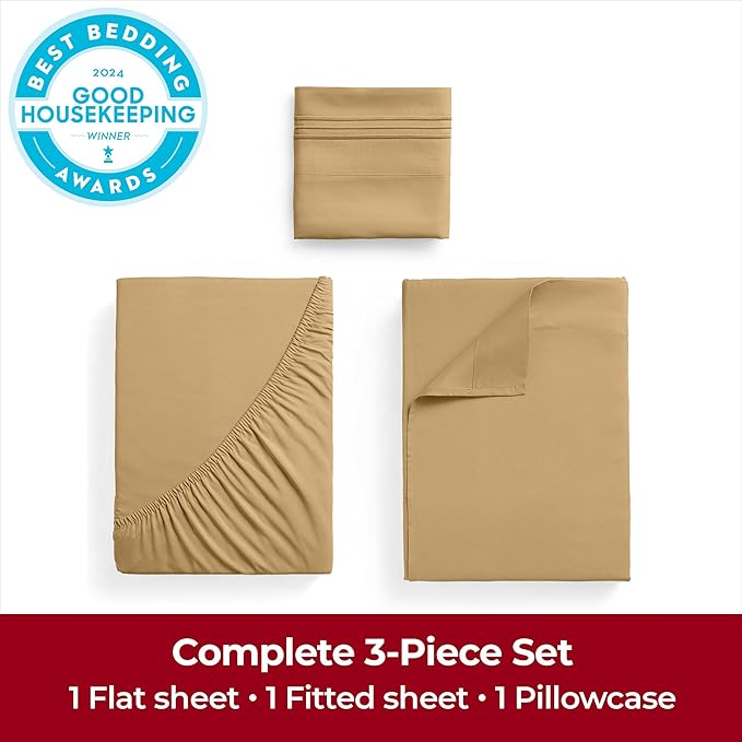 Mellanni Twin XL Sheets Set - 3 PC Iconic Collection Bedding Sheets & Pillowcases - Hotel Luxury, Extra Soft, Cooling Bed Sheets - Deep Pocket up to 16 inch (Twin Extra Long, Gold) - LeafyLoom