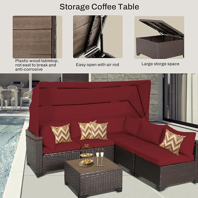 6 PCS Outdoor Patio Furniture Set,Sectional Sofa Set,Rattan Daybed with Retractable Canopy,Adjustable Backrest,Storage Coffee Table,Chaise Chair Sunbed for Porch Garden Poolside Backyard(Red) - LeafyLoom
